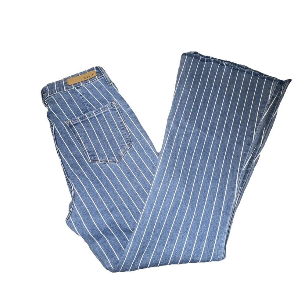 Cello Jeans Flare Pinstripe 28 X 30 Sz 7 High Rise Festival Casual Raw Hem